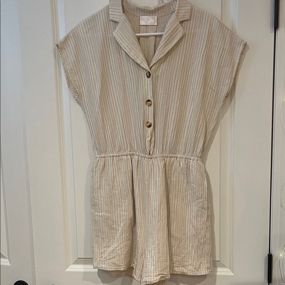 Beige White Striped Button-Down Romper 100% Cotton